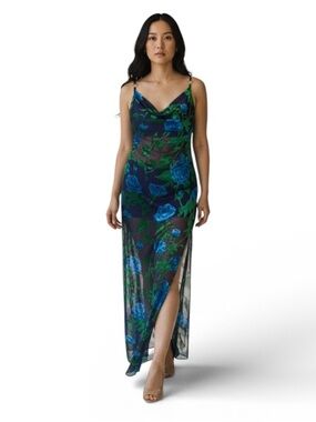 PrettyLittleThing Blue and Green Floral Mesh Dress Size 10 sheer sexy vamp goth